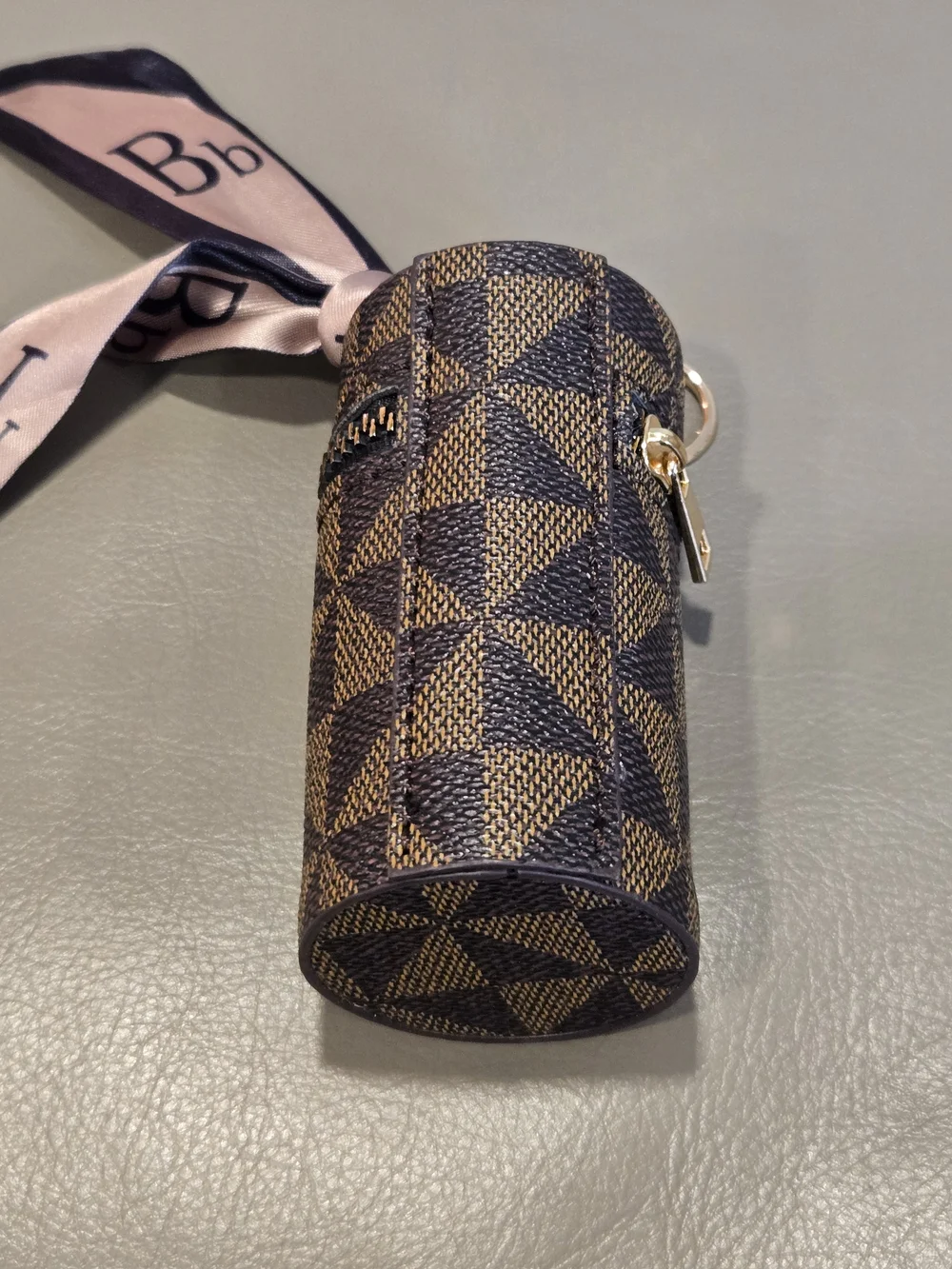 Lipstick Case With Brown Checkered Pattern with Pink and Black Scarf